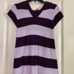 Purple striped hooded sweater.